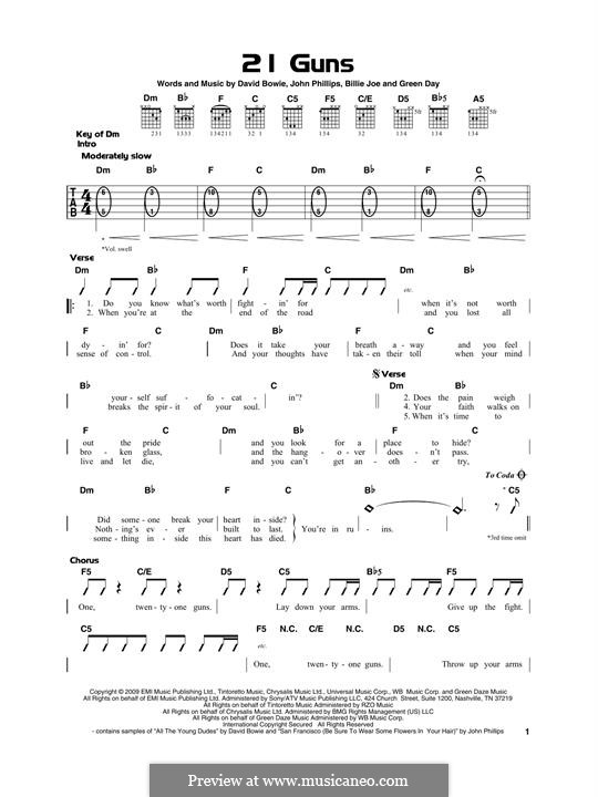 21 Guns (Green Day): For guitar with tab by Billie Joe Armstrong, David Bowie, Tré Cool, John Phillips, Michael Pritchard