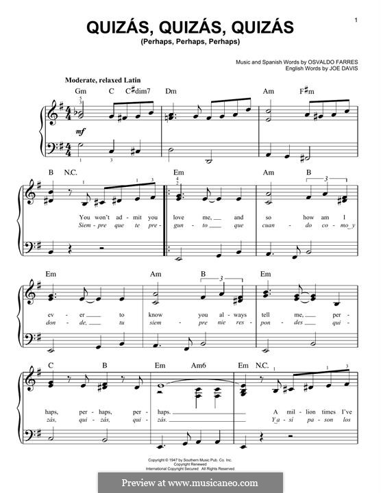 Quizas, Quizas, Quizas (Perhaps, Perhaps, Perhaps): For piano by Osvaldo Farres