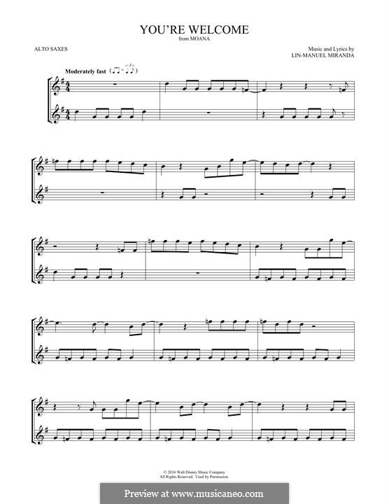 You're Welcome (from Moana): For two alto saxophones by Lin-Manuel Miranda