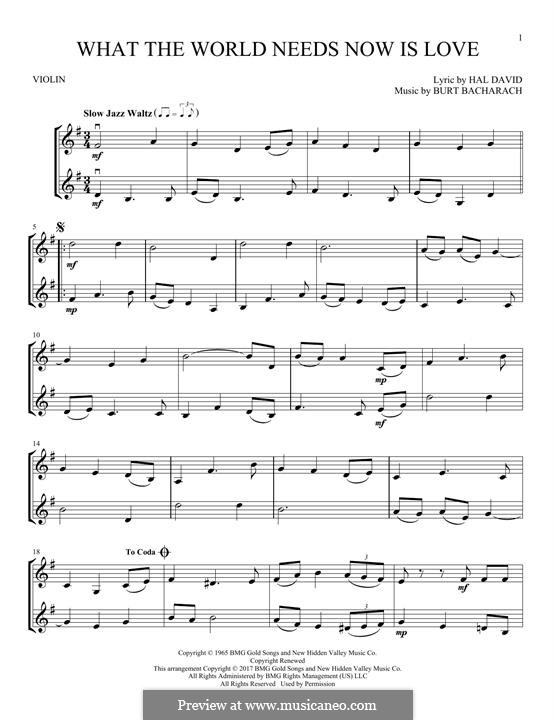What the World Needs Now Is Love: For two violins by Burt Bacharach