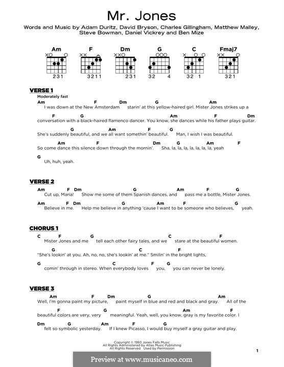 Mr. Jones (Counting Crows): For guitar by Adam F. Duritz, David Bryson