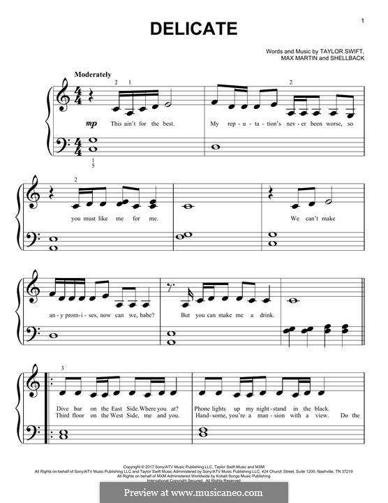 Delicate: For piano by Shellback, Max Martin, Taylor Swift