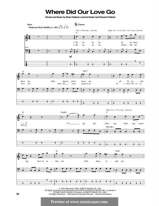 Where Did Our Love Go (The Supremes): For bass guitar by Brian Holland, Edward Holland Jr., Lamont Dozier