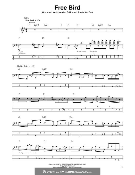 Free Bird (Lynyrd Skynyrd): For bass guitar by Allen Collins, Ronnie Van Zant