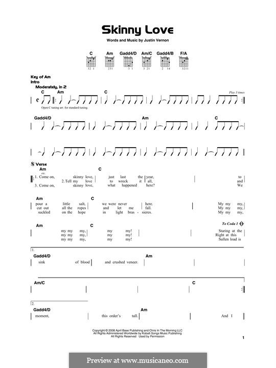 Skinny Love (Bon Iver): For guitar by Justin Vernon