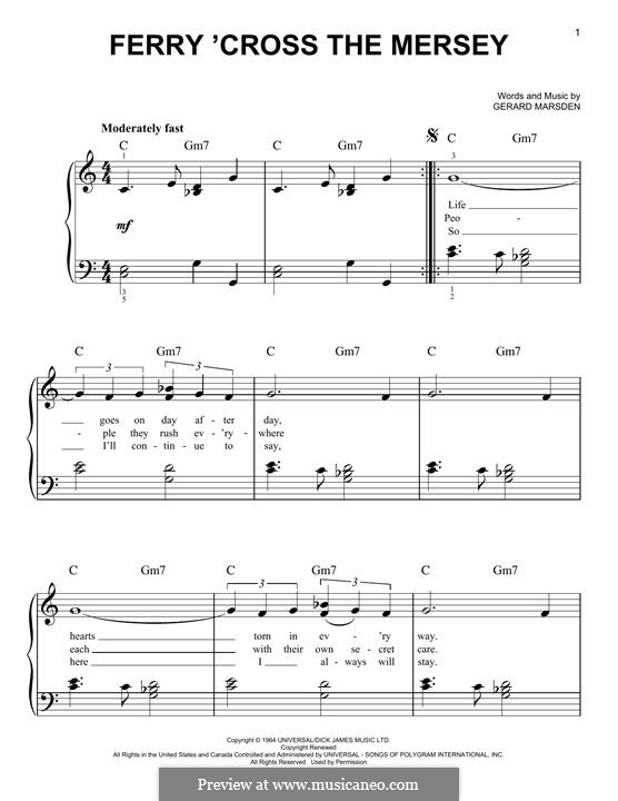 Ferry 'Cross the Mersey (Gerry and The Pacemakers): For easy piano by Gerard Marsden