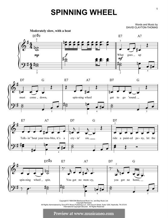 Spinning Wheel (Blood, Sweat & Tears): For easy piano by David Clayton Thomas