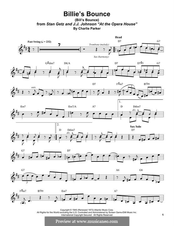 Billie's Bounce (Bill's Bounce): For alto saxophone by Charlie Parker