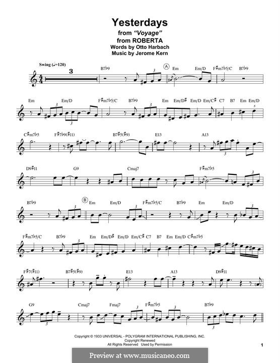 Yesterdays (from Roberta): For tenor saxophone by Jerome Kern