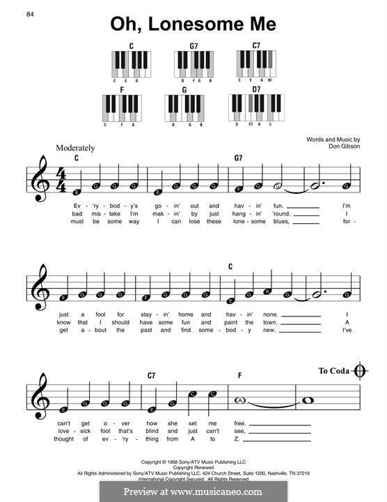 Oh, Lonesome Me: For piano by Don Gibson