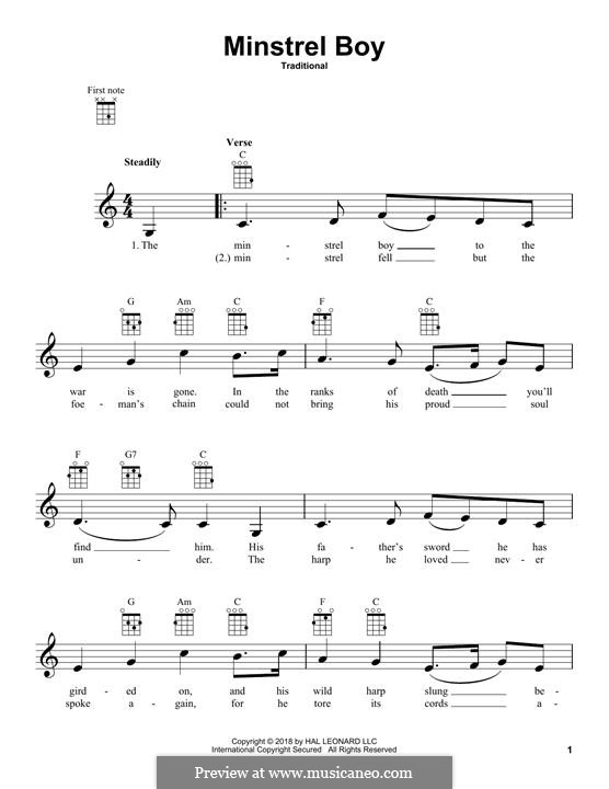 The Minstrel Boy (printable score): For ukulele by folklore