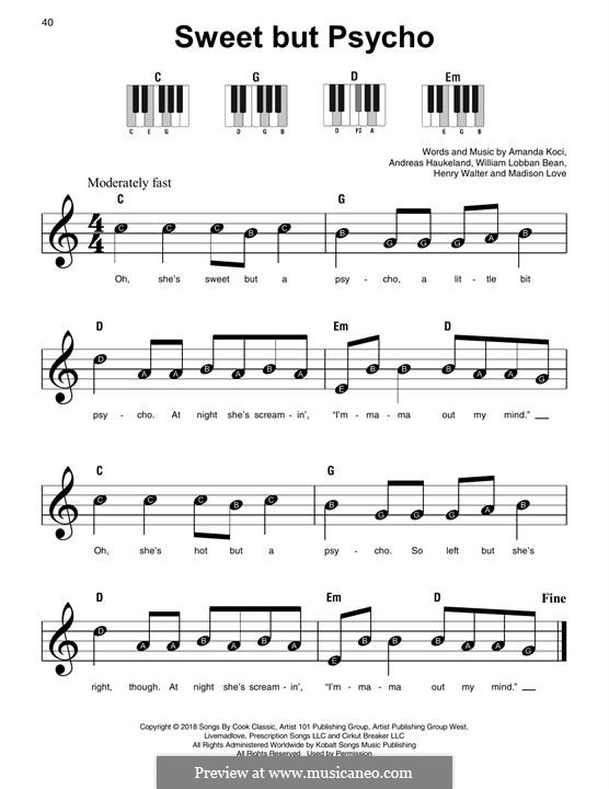 Sweet But Psycho (Ava Max): For piano by Henry Russell Walter, William Lobban-Bean, Madison Love, Andreas Haukeland, Amanda Koci