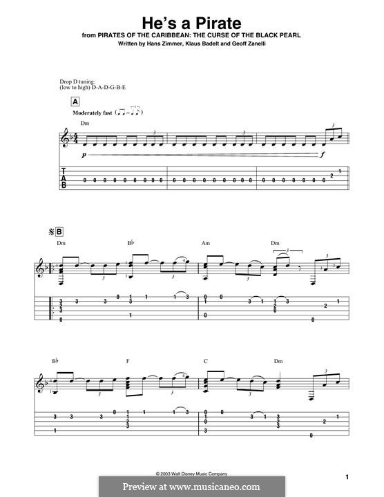 He's a Pirate (from Pirates of the Caribbean: The Curse of the Black Pearl): For guitar by Klaus Badelt