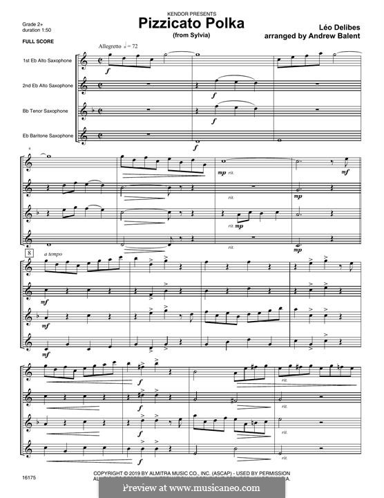 Sylvia: Pizzicato Polka, for quartet saxophones – full score by Léo Delibes