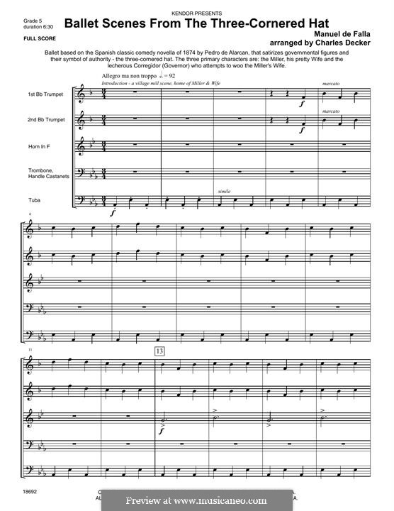 El Sombrero de Tres Picos ('The Three-Cornered Hat'): Ballet Scenes, for winds – full score by Manuel de Falla