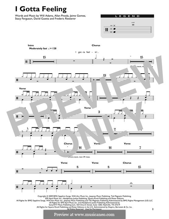 I Gotta Feeling (The Black Eyed Peas): Drum set by apl.de.ap, David Guetta, Frédéric Riesterer, Jaime Gomez, Stacy Ferguson, will.i.am
