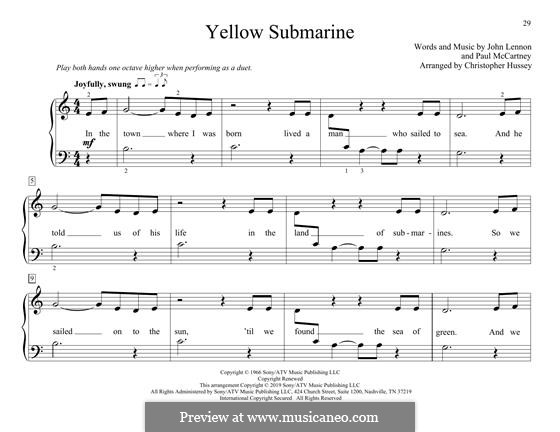 Yellow Submarine (The Beatles): For piano four hands by John Lennon, Paul McCartney