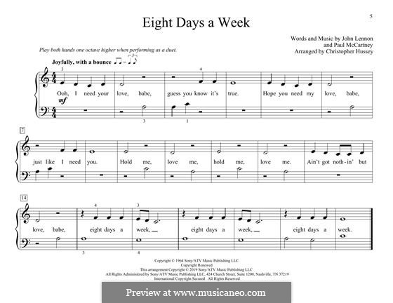 Eight Days a Week (The Beatles): For piano four hands by John Lennon, Paul McCartney