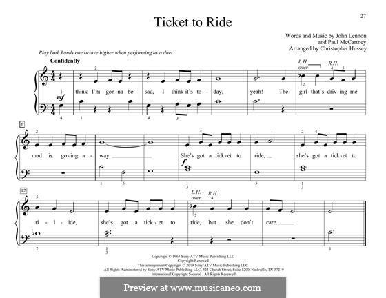 Ticket to Ride (The Beatles): For piano four hands by John Lennon, Paul McCartney