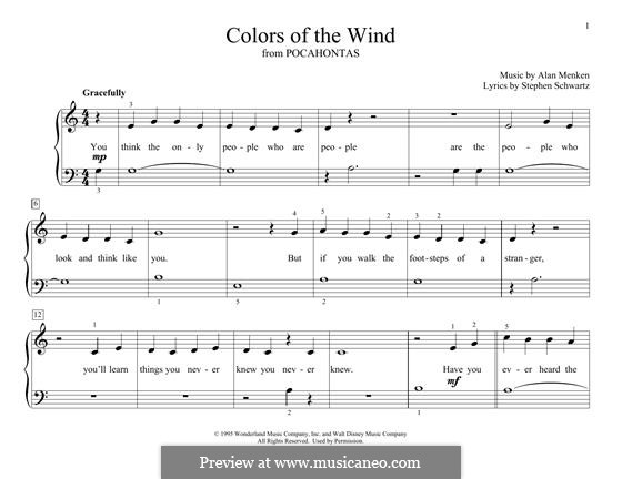 Colors of the Wind (from Pocahontas): For piano by Alan Menken