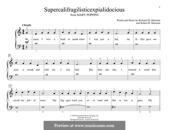 Supercalifragilisticexpialidocious (from Mary Poppins), for Piano: For a single performer by Richard M. Sherman, Robert B. Sherman
