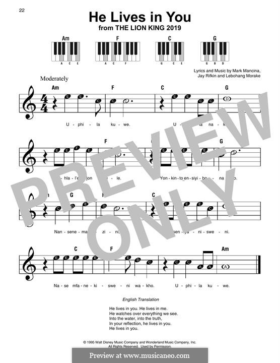 He Lives in You (from The Lion King II: Simba's Pride): For piano by Jay Rifkin, Lebo M, Mark Mancina