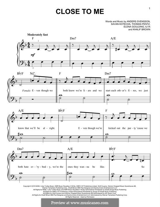 Close To Me (Ellie Goulding, Diplo & Swae Lee): For easy piano by Ellie Goulding, Savan Kotecha, Diplo, Ilya, Khalif Brown, Anders Svensson