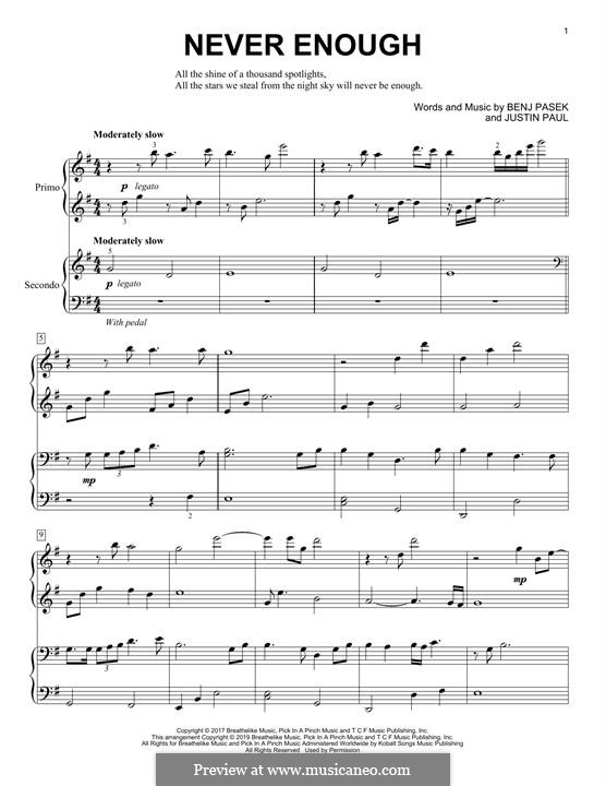 Never Enough (from The Greatest Showman): For piano four hands by Justin Paul, Benj Pasek