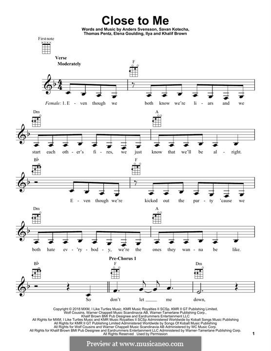 Close To Me (Ellie Goulding, Diplo & Swae Lee): For ukulele by Ellie Goulding, Savan Kotecha, Diplo, Ilya, Khalif Brown, Anders Svensson
