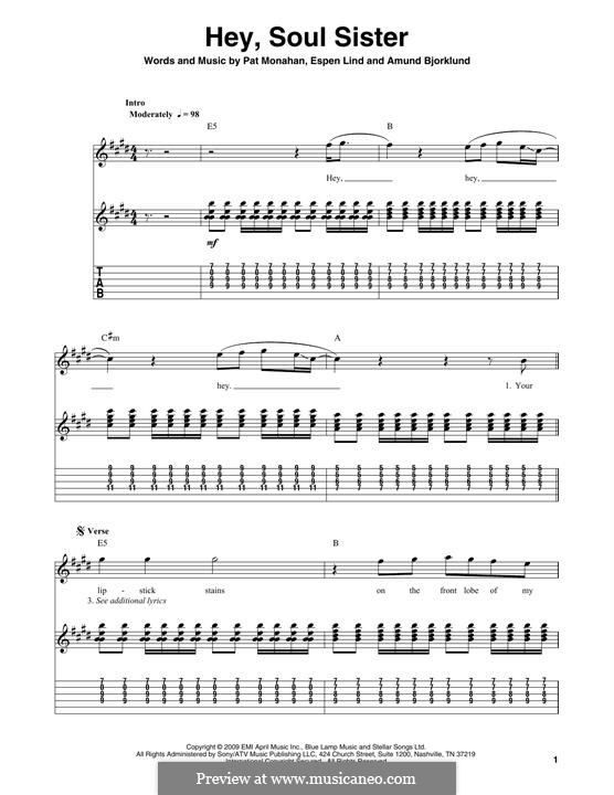 Hey, Soul Sister (Train): For guitar by Amund Bjorklund, Espen Lind, Patrick Monahan