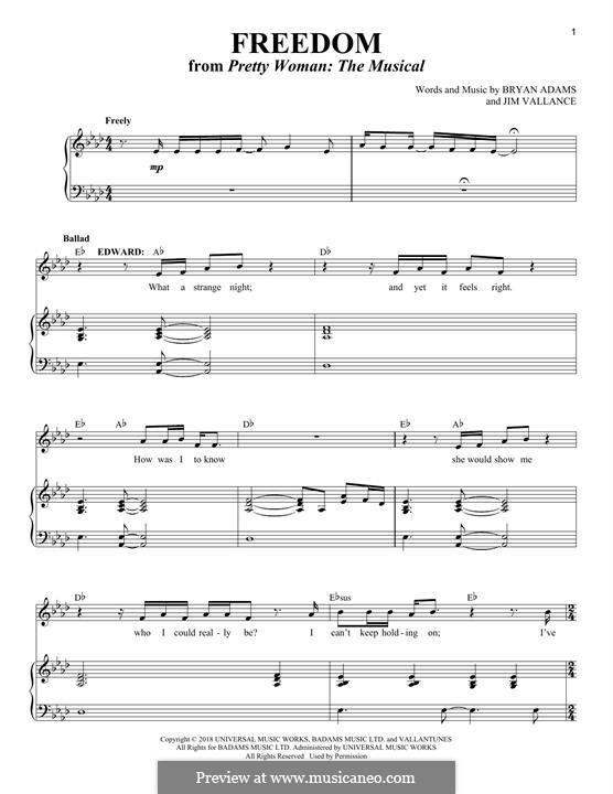 Pretty Woman: The Musical: Freedom, for voice and piano by Bryan Adams, Jim Vallance