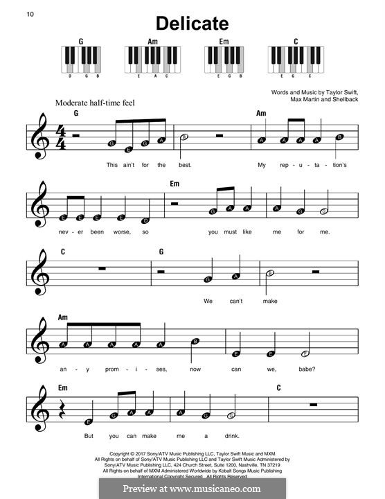 Delicate: For piano by Shellback, Max Martin, Taylor Swift