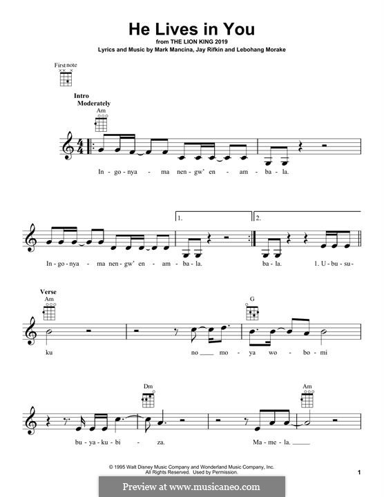 He Lives in You (from The Lion King II: Simba's Pride): For ukulele by Jay Rifkin, Lebo M, Mark Mancina