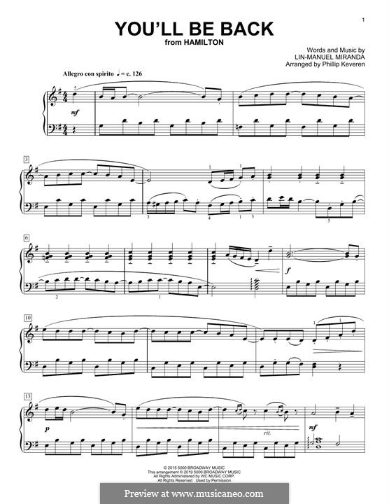 You'll Be Back (from 'Hamilton'): For piano (classical version) by Lin-Manuel Miranda