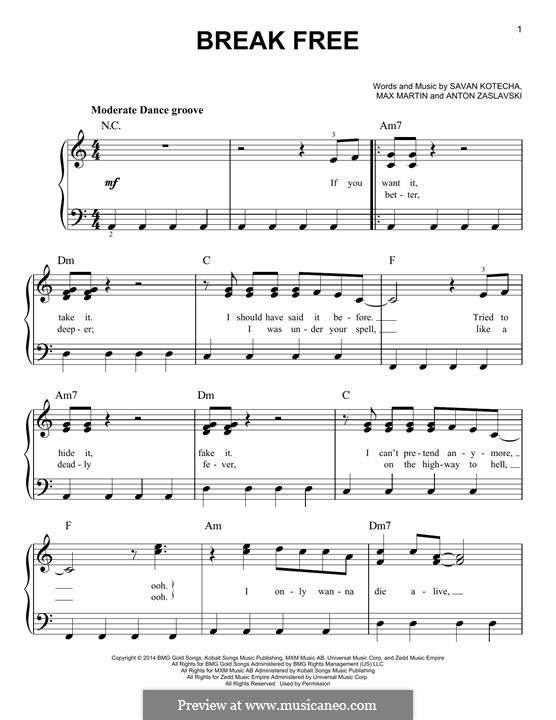 Break Free (feat. Zedd): For piano by Max Martin, Savan Kotecha, Anton Zaslavski