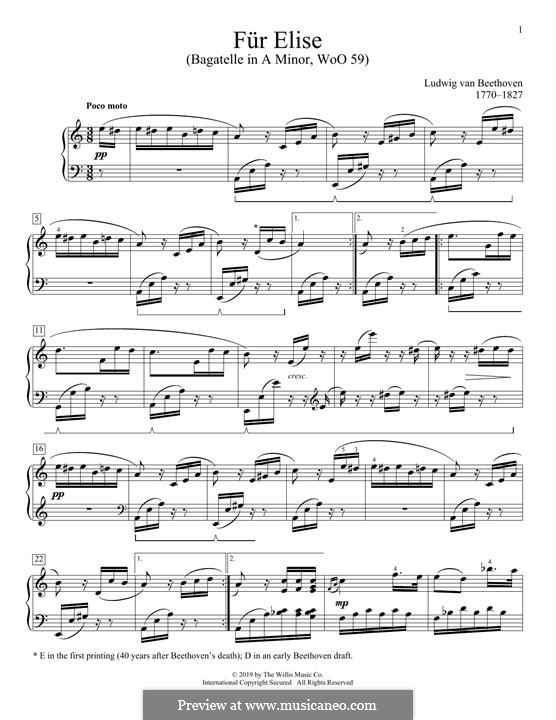 For Elise, for Piano, WoO 59: For a single performer by Ludwig van Beethoven