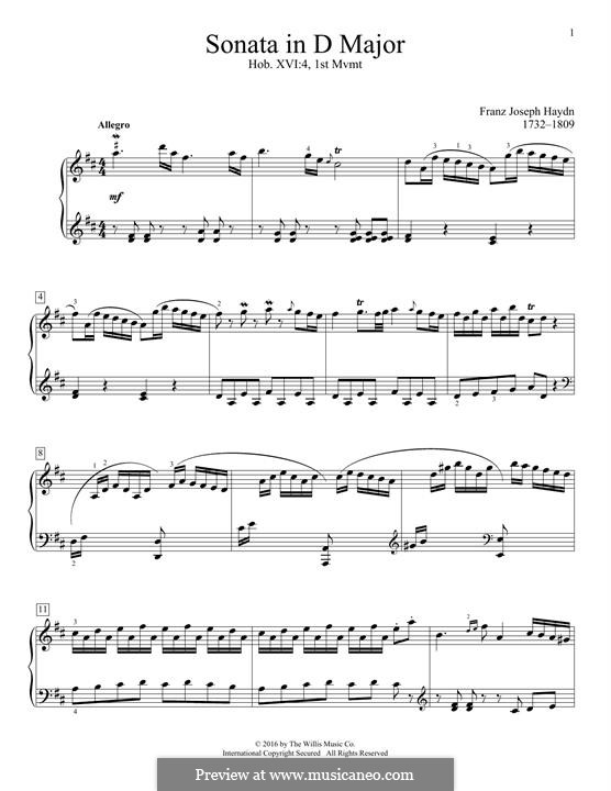 Sonata for Piano No.9 in D Major, Hob.XVI/4: Movement 1 by Joseph Haydn
