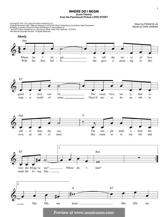 Where Do I Begin (Theme from Love Story): For keyboard by Francis Lai