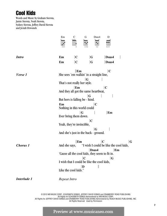 Cool Kids (Echosmith): For ukulele by Graham Sierota, Jamie Sierota, Jesiah Dzwonek, Noah Sierota, Sydney Sierota, Jeffrey David Sierota