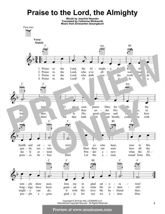 Praise to the Lord, the Almighty: For ukulele by Unknown (works before 1850)