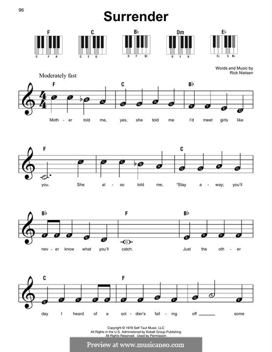 Surrender (Cheap Trick): For easy piano by Rick Nielsen