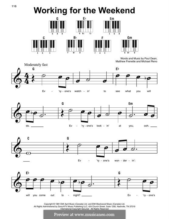 Working for the Weekend (Loverboy): For easy piano by Matthew Frenette, Michael Reno, Paul Dean