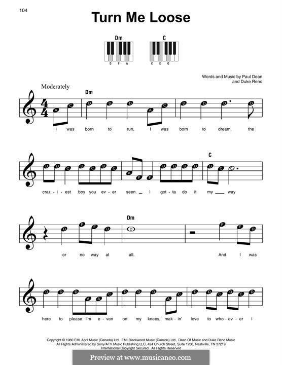 Turn Me Loose (Loverboy): For easy piano by Duke Reno, Paul Dean