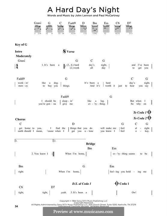 A Hard Day's Night (The Beatles): For guitar by John Lennon, Paul McCartney