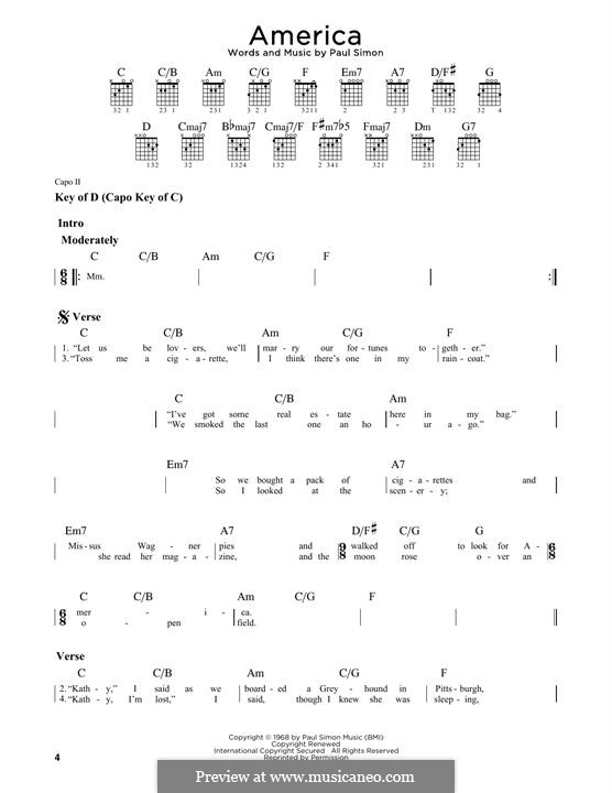 America (Simon & Garfunkel): For guitar by Paul Simon