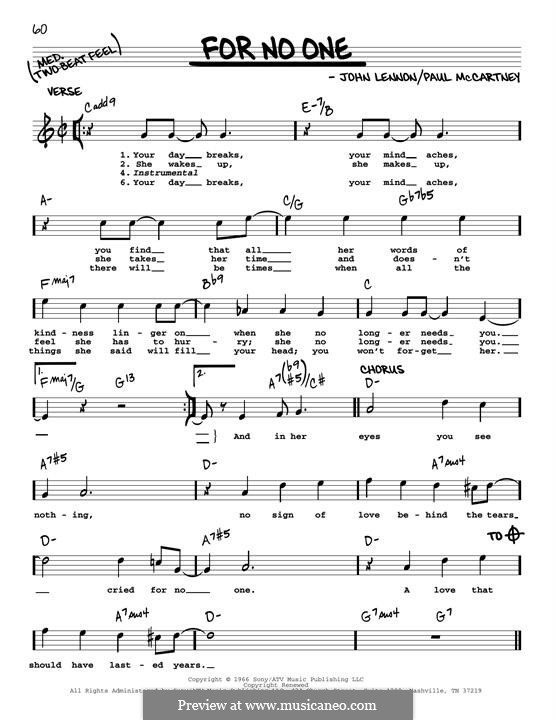 For no One (The Beatles) by J. Lennon, P. McCartney on MusicaNeo