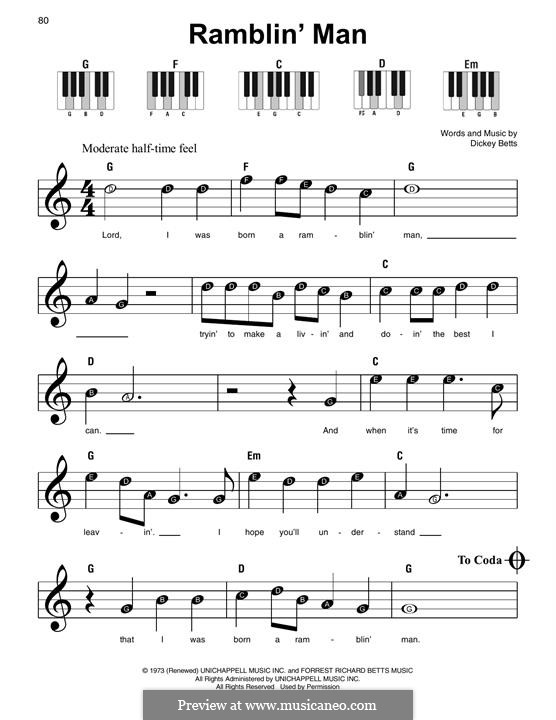 Ramblin' Man (The Allman Brothers Band): For easy piano by Dickey Betts