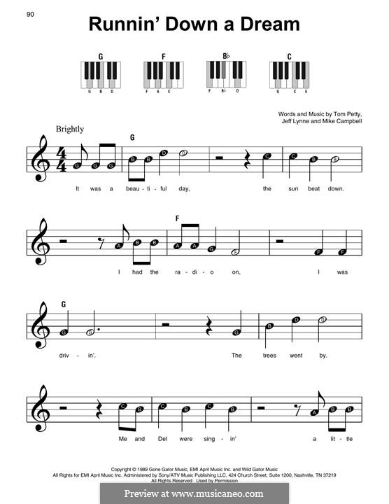 Runnin' Down a Dream (Tom Petty and The Heartbreakers): For easy piano by Jeff Lynne, Mike Campbell