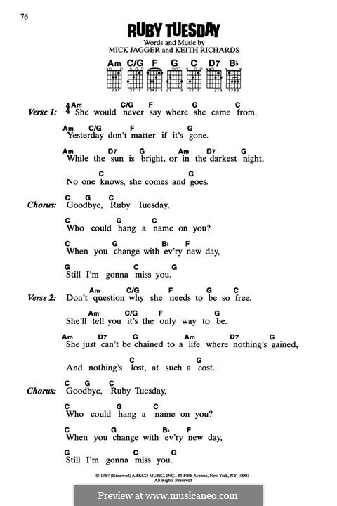 Ruby Tuesday (The Rolling Stones): For guitar by Keith Richards, Mick Jagger