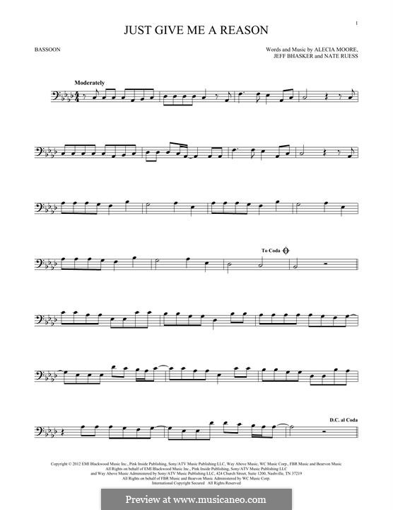 Just Give Me a Reason (Pink): For bassoon by Alecia Moore, Jeff Bhasker, Nathaniel Ruess